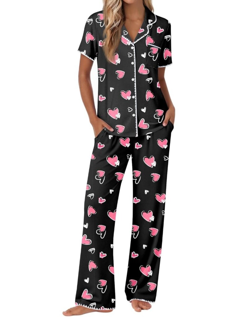 Women Black With Pink Hearts Short Sleeve Button Up Shirt Pajamas Set 2 Piece